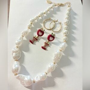 Pearl Necklace with Red Apple Drop Earrings & gold tone hoop earrings